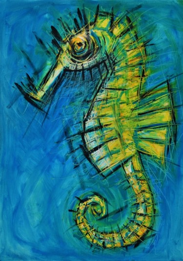Schilderij getiteld "Seahorse" door Simon Houlton, Origineel Kunstwerk, Olie Gemonteerd op Frame voor houten brancard