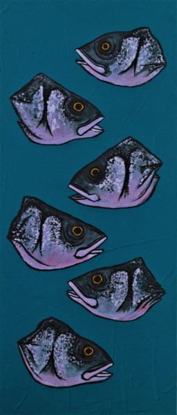 Schilderij getiteld "Fish Heads" door Simon Houlton, Origineel Kunstwerk, Acryl Gemonteerd op Frame voor houten brancard