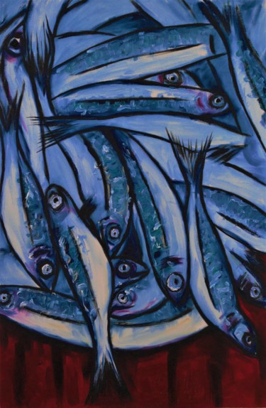 Painting titled "Black Sea Anchovies" by Simon Houlton, Original Artwork, Oil Mounted on Wood Stretcher frame
