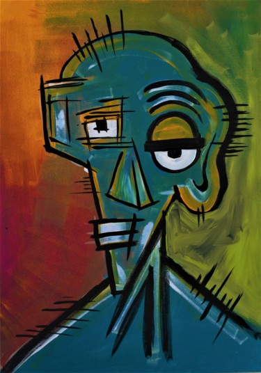Painting titled "Pensive Man" by Simon Houlton, Original Artwork, Acrylic Mounted on Wood Stretcher frame