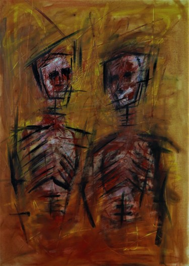 Painting titled "Chatty Skeletons" by Simon Houlton, Original Artwork, Acrylic Mounted on Wood Stretcher frame