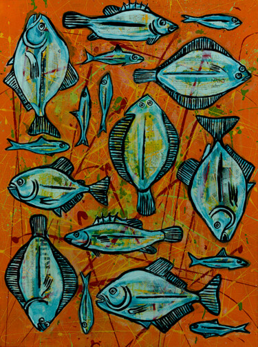 Pintura intitulada "Plenty of Fish (Wei…" por Simon Houlton, Obras de arte originais, Acrílico Montado em Armação em madeira