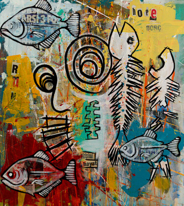 Schilderij getiteld "Fish face mash-up" door Simon Houlton, Origineel Kunstwerk, Acryl Gemonteerd op Frame voor houten branc…