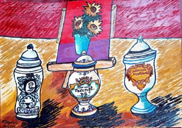 Painting titled "3 ALBARELOS Y 3 GIR…" by Maria Izquierdo, Original Artwork, Acrylic