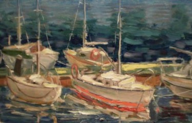 Картина под названием "Яхты у монастырског…" - Юрий Кравцов, Подлинное произведение искусства, Масло