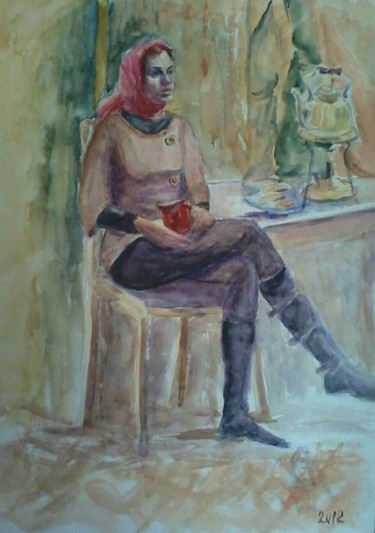 Malerei mit dem Titel "С кружкой чая." von Iurii Kravtsov, Original-Kunstwerk, Aquarell