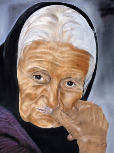 Painting titled "Old Lady with Scarf" by Pila Cadena, Original Artwork, Oil