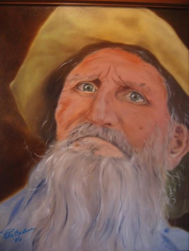 Painting titled "Old Man with Hat II" by Pila Cadena, Original Artwork, Oil
