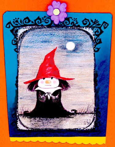 Drawing titled "Little Witch  with…" by Pilar Agrelo Art Studio, Original Artwork, Ink