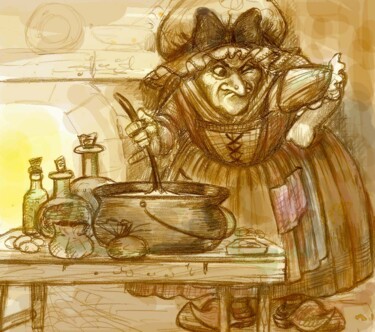 Drawing titled "Witch cooking - dra…" by Pilar Agrelo Art Studio, Original Artwork, Graphite