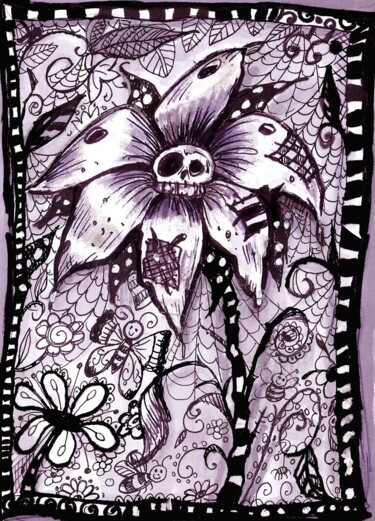 Tekening getiteld "FLOWERS AND SKULLS" door Pilar Agrelo Art Studio, Origineel Kunstwerk, Anders