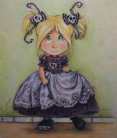 Рисунок под названием "Gothic Little girl" - Pilar Agrelo Art Studio, Подлинное произведение искусства, Пастель