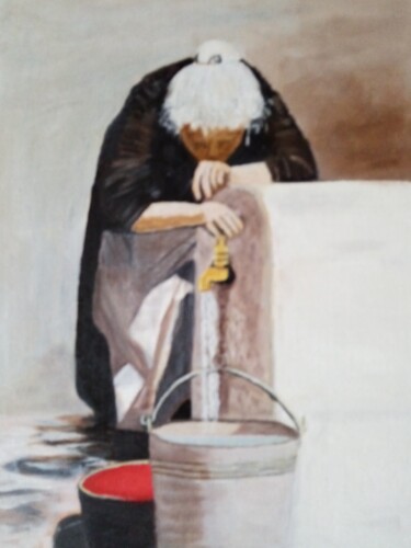 Painting titled "mamie a la fontaine" by Pilar Canovas, Original Artwork, Oil