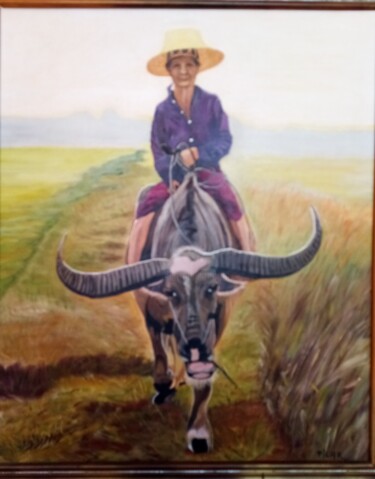 Painting titled "Buffle" by Pilar Canovas, Original Artwork, Oil Mounted on Wood Stretcher frame