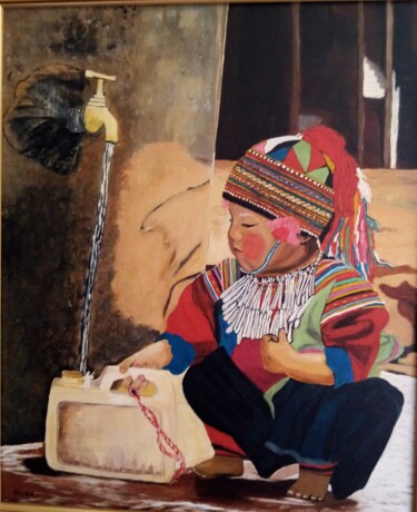 Pintura titulada "Enfant a la fontain…" por Pilar Canovas, Obra de arte original, Oleo Montado en Bastidor de camilla de mad…