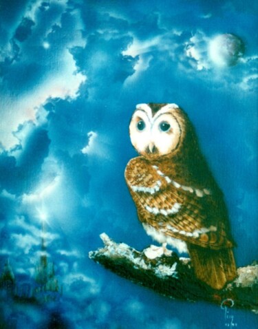 Peinture intitulée "hibou" par Pim, Œuvre d'art originale