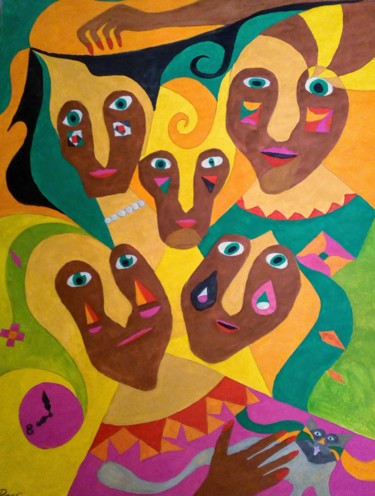 Painting titled "5 sisters and cat" by Pinar, Original Artwork