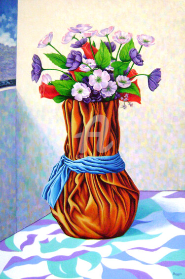 Painting titled "Jarrón con Flores A…" by Pincay, Original Artwork, Oil