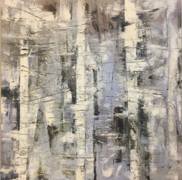 Painting titled "White Birch 1" by Ping Cao, Original Artwork, Oil