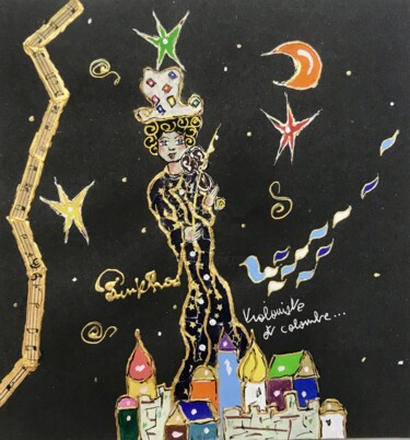 Dibujo titulada "Violoniste et colom…" por Pinkhas, Obra de arte original, Gouache
