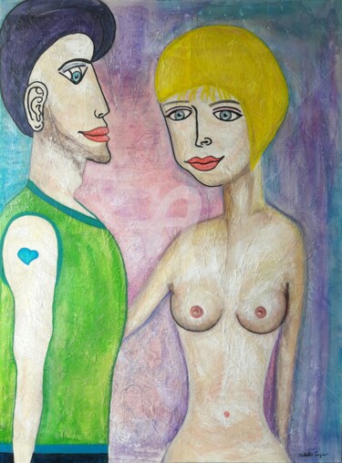 Painting titled "Les jeunes amoureux" by Pinkivioletblue, Original Artwork, Acrylic Mounted on Wood Stretcher frame