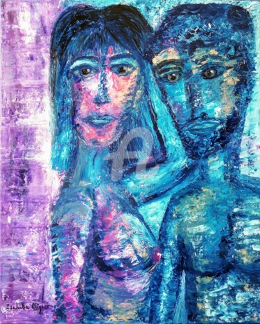 Painting titled "Le couple bleu" by Pinkivioletblue, Original Artwork, Oil Mounted on Wood Stretcher frame