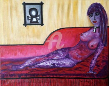 Painting titled "La demoiselle sur l…" by Pinkivioletblue, Original Artwork, Oil Mounted on Wood Stretcher frame