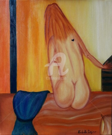 Painting titled "La demoiselle assis…" by Pinkivioletblue, Original Artwork, Oil Mounted on Wood Stretcher frame