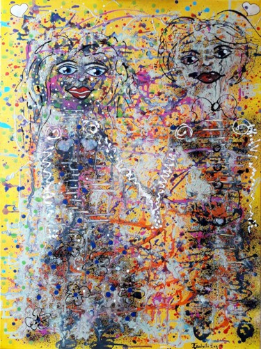 Painting titled "Les amoureux" by Pinkivioletblue, Original Artwork, Acrylic Mounted on Wood Stretcher frame