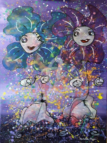 Картина под названием "Les deux fleurs de…" - Pinkivioletblue, Подлинное произведение искусства, Акрил Установлен на Деревян…