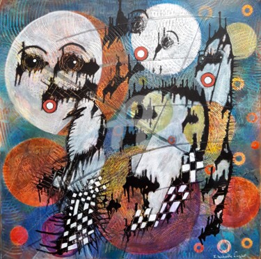 Painting titled "Les gens de la lune" by Pinkivioletblue, Original Artwork, Acrylic Mounted on Wood Stretcher frame