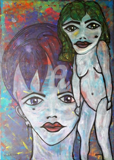 Painting titled "La demoiselle qui r…" by Pinkivioletblue, Original Artwork, Acrylic Mounted on Wood Stretcher frame