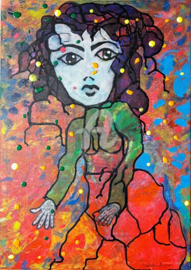 Painting titled "La demoiselle print…" by Pinkivioletblue, Original Artwork, Acrylic Mounted on Wood Stretcher frame