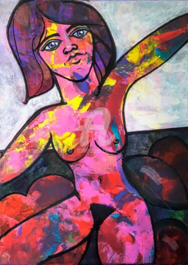 Painting titled "La demoiselle qui v…" by Pinkivioletblue, Original Artwork, Acrylic Mounted on Wood Stretcher frame