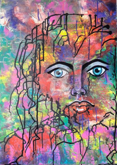 Картина под названием "La demoiselle aux y…" - Pinkivioletblue, Подлинное произведение искусства, Акрил Установлен на Деревя…