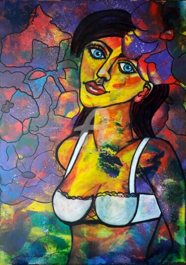 Painting titled "La demoiselle en so…" by Pinkivioletblue, Original Artwork, Acrylic Mounted on Wood Stretcher frame