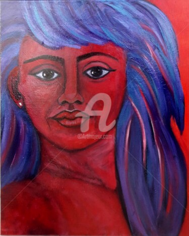 Painting titled "L'autoportrait rouge" by Pinkivioletblue, Original Artwork, Oil Mounted on Wood Stretcher frame