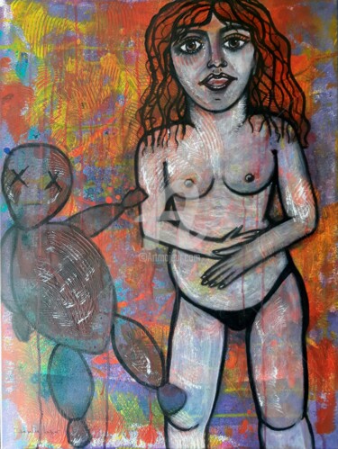 Malerei mit dem Titel "La demoiselle à la…" von Pinkivioletblue, Original-Kunstwerk, Acryl Auf Keilrahmen aus Holz montiert