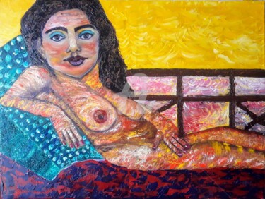 Painting titled "La demoiselle sur l…" by Pinkivioletblue, Original Artwork, Oil Mounted on Wood Stretcher frame