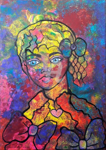 Painting titled "La demoiselle écoli…" by Pinkivioletblue, Original Artwork, Acrylic Mounted on Wood Stretcher frame