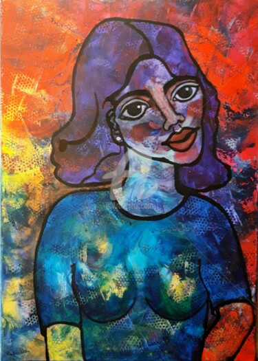 Painting titled "La demoiselle au te…" by Pinkivioletblue, Original Artwork, Acrylic Mounted on Wood Stretcher frame