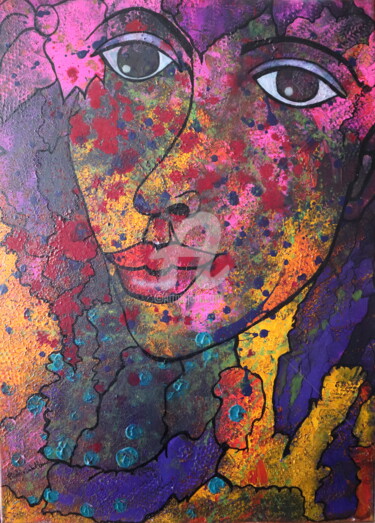 绘画 标题为“La demoiselle aux c…” 由Pinkivioletblue, 原创艺术品, 丙烯 安装在木质担架架上