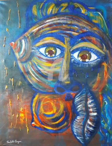 Painting titled "Tristesse bleue" by Pinkivioletblue, Original Artwork, Gouache Mounted on Wood Stretcher frame