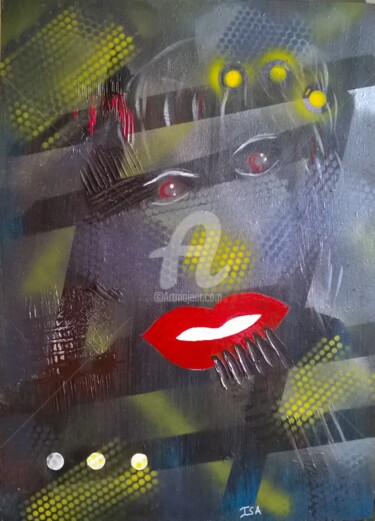 Painting titled "La bouche rouge" by Pinkivioletblue, Original Artwork, Acrylic Mounted on Wood Panel