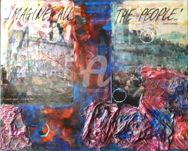 Κολάζ με τίτλο "Imagine all the peo…" από Pinkivioletblue, Αυθεντικά έργα τέχνης, Κολάζ Τοποθετήθηκε στο Ξύλινο φορείο σκελε…