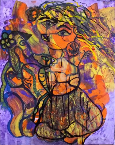 Painting titled "La petite fille et…" by Pinkivioletblue, Original Artwork, Acrylic Mounted on Wood Stretcher frame
