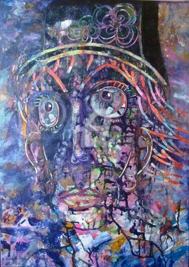 Painting titled "Homme au chapeau à…" by Pinkivioletblue, Original Artwork, Acrylic Mounted on Wood Stretcher frame
