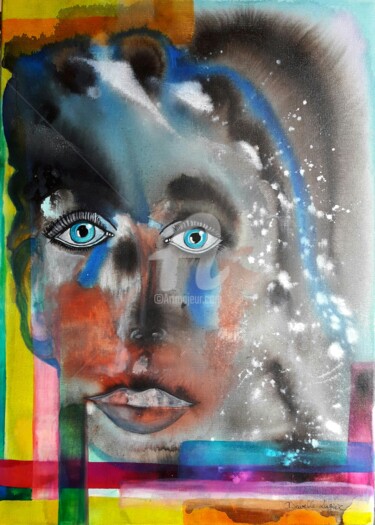 Painting titled "Ses yeux bleus - ho…" by Pinkivioletblue, Original Artwork, Acrylic Mounted on Wood Stretcher frame