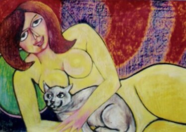 Painting titled "Sonja and her pussy" by Pinku, Original Artwork, Oil