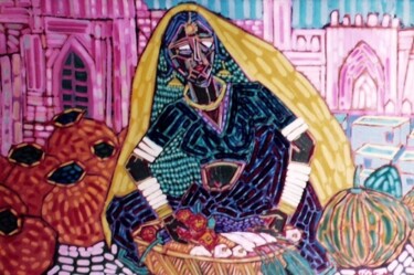 Painting titled "The Jaipur Bazar" by Pinku, Original Artwork, Oil